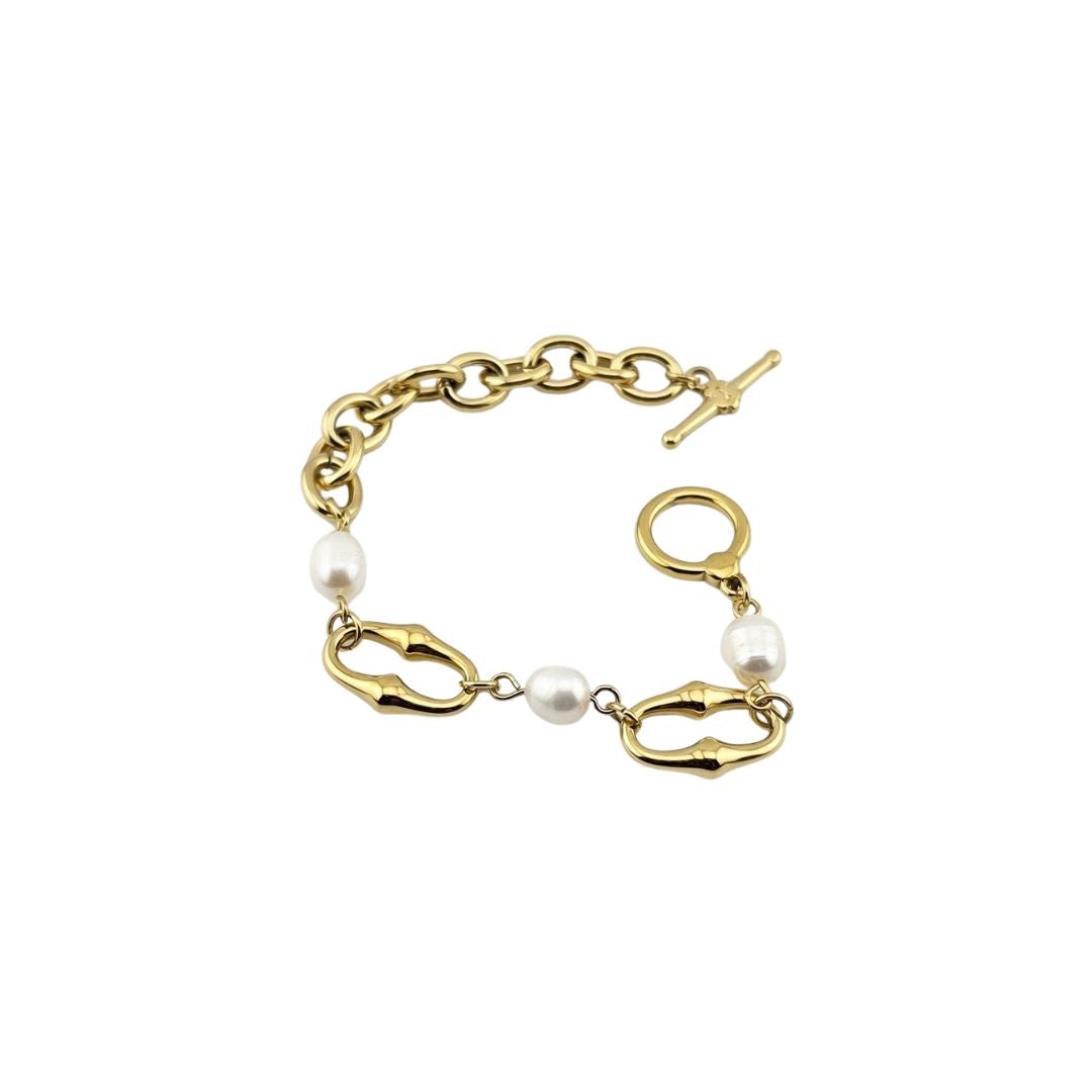Pearl Bracelet – Gold-Tone Bamboo Chain, 7-Inch