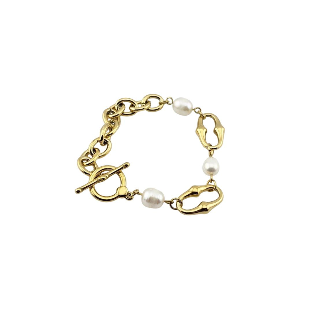 Pearl Bracelet – Gold-Tone Bamboo Chain, 7-Inch