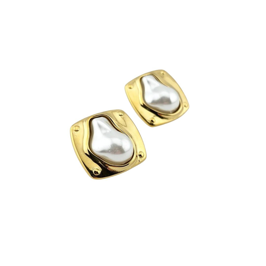 Gold-Tone Stainless Steel – Square Pearl Stud Earrings