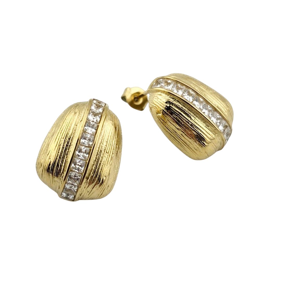 Gold-Tone Stainless Steel – Textured CZ Stripe Stud Earrings