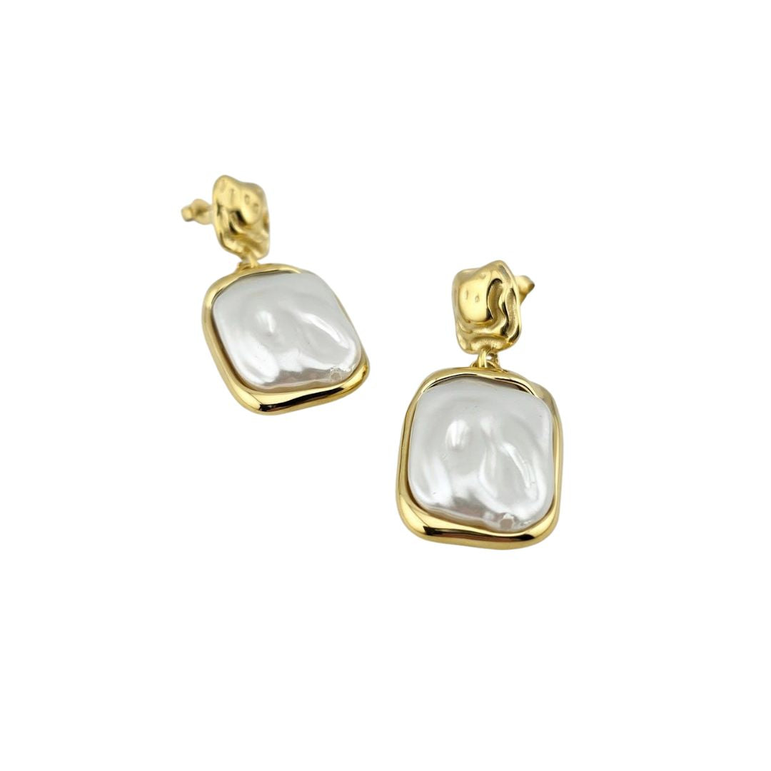Gold-Tone Stainless Steel – Rectangular Pearl Drop Earrings