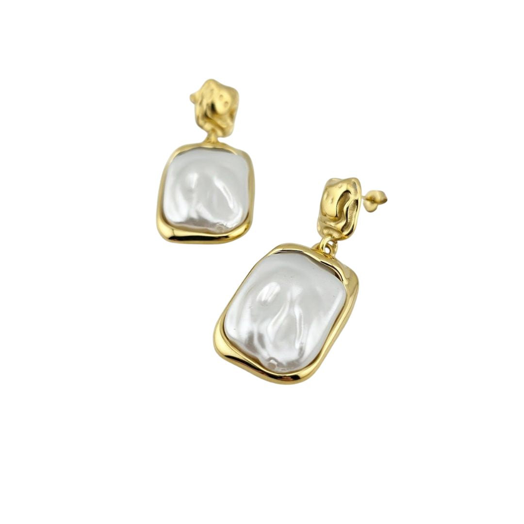 Gold-Tone Stainless Steel – Rectangular Pearl Drop Earrings