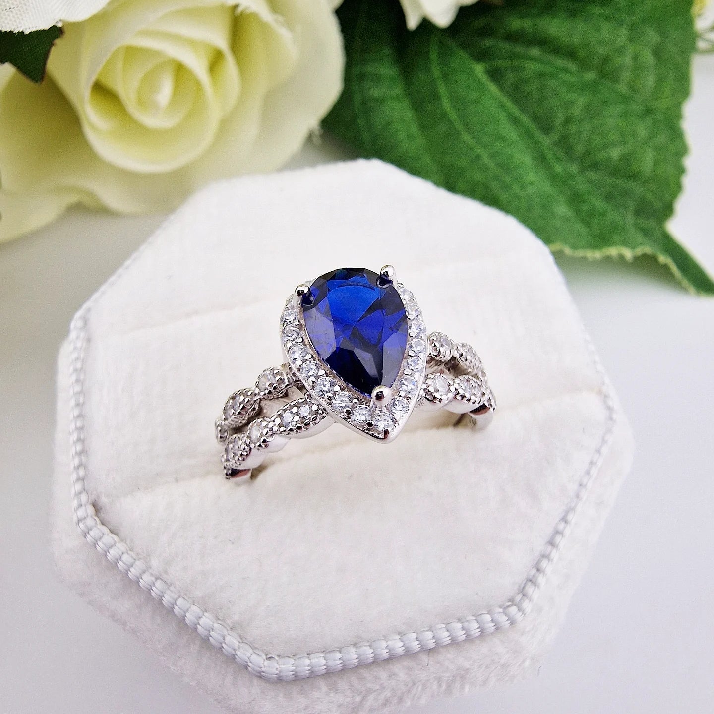 925 Sterling Silver Blue Sapphire Cz Pear Cut Halo Ladies Ring Set