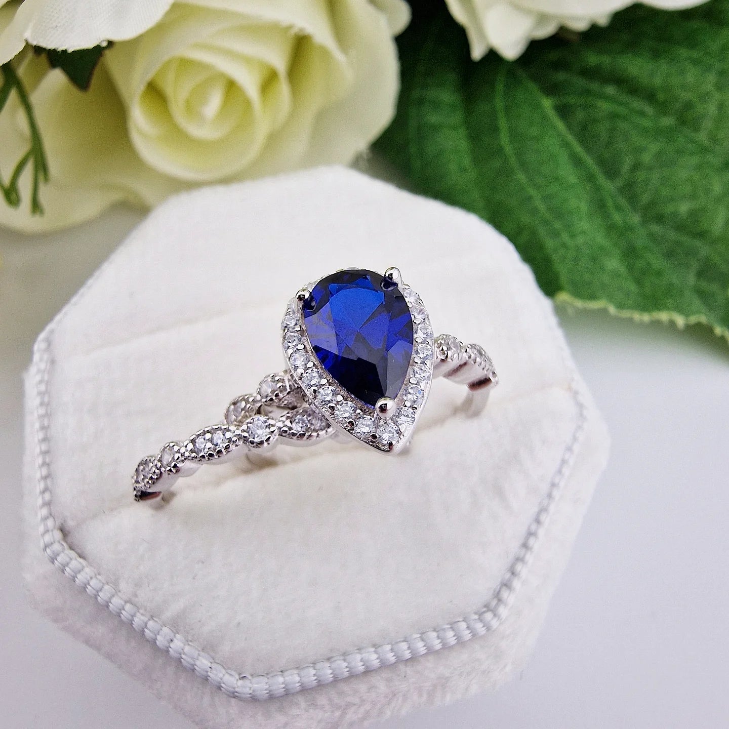 925 Sterling Silver Blue Sapphire Cz Pear Cut Halo Ladies Ring Set