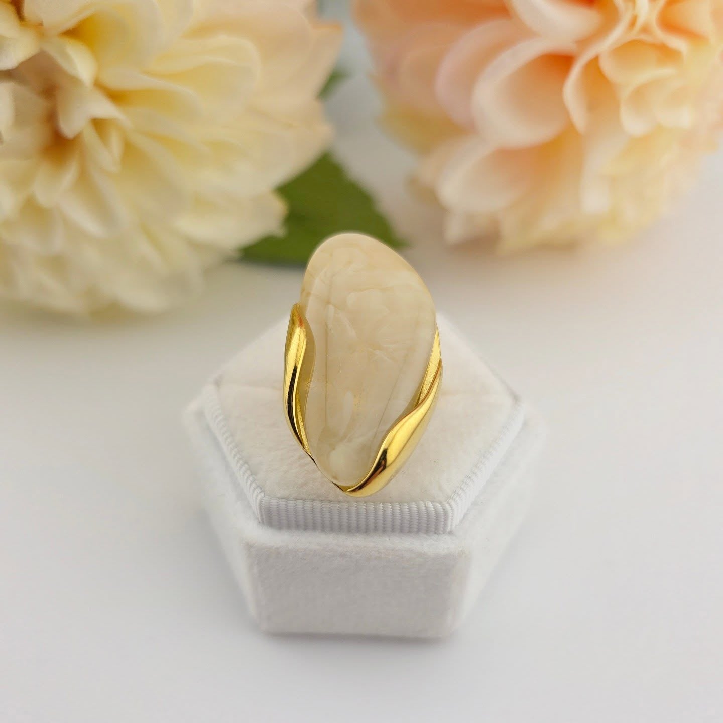 Gold-Tone Stainless Steel – Ivory Stone Statement Ring