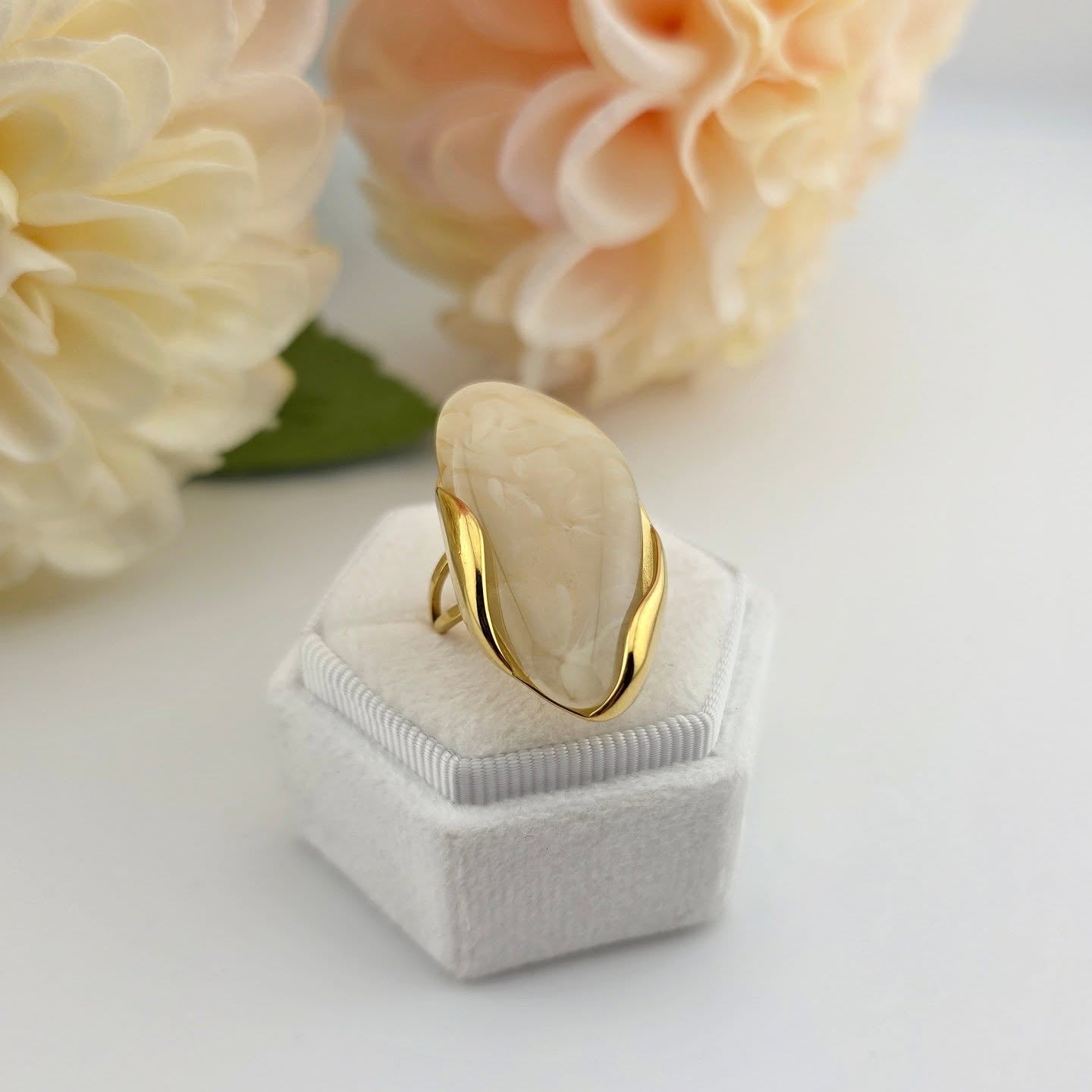 Gold-Tone Stainless Steel – Ivory Stone Statement Ring