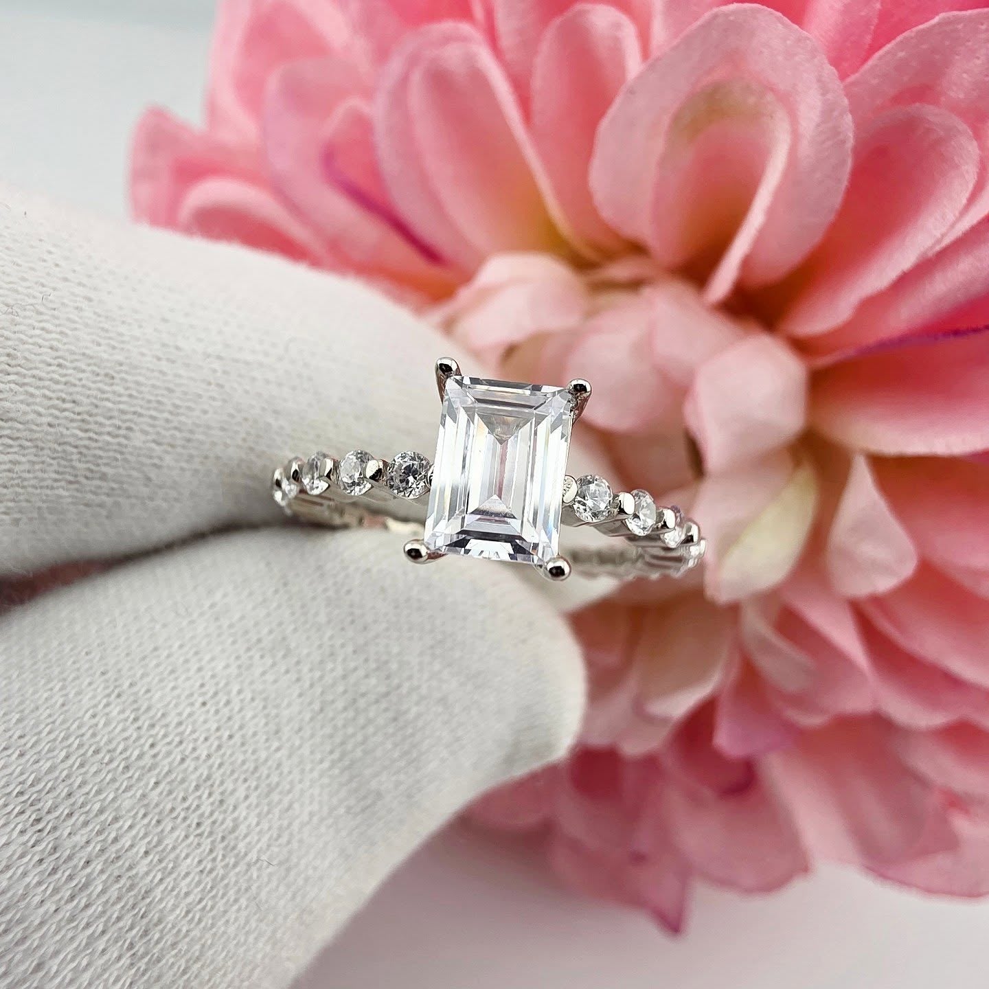 925 Sterling Silver Emerald Cut Cz Centre with Fancy Cz Band Ladies Ring