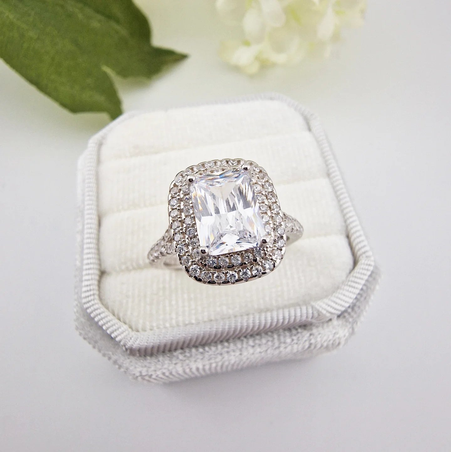 925 Sterling Silver 2ct Emerlard Cut Cz Double Halo Ring