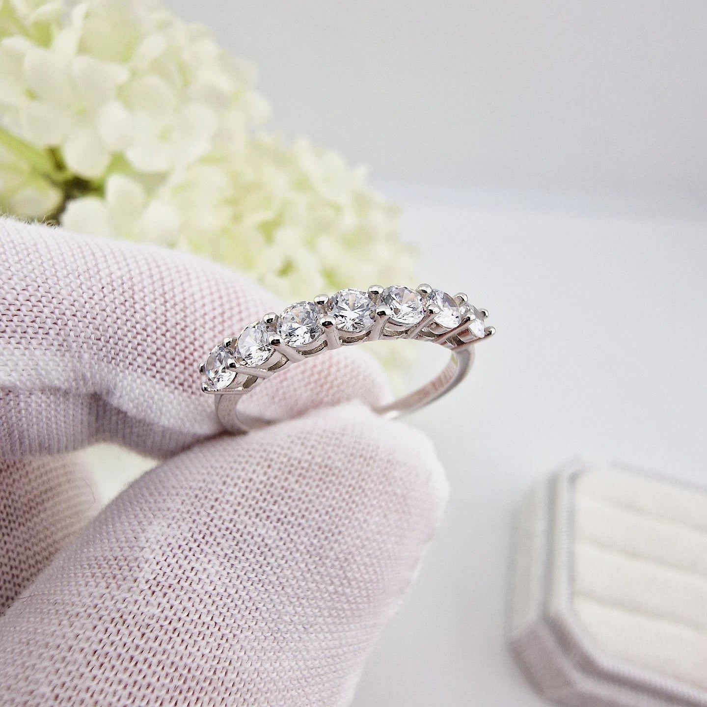 925 Sterling Silver 7 Stone Cz Half Eternity Ladies Ring