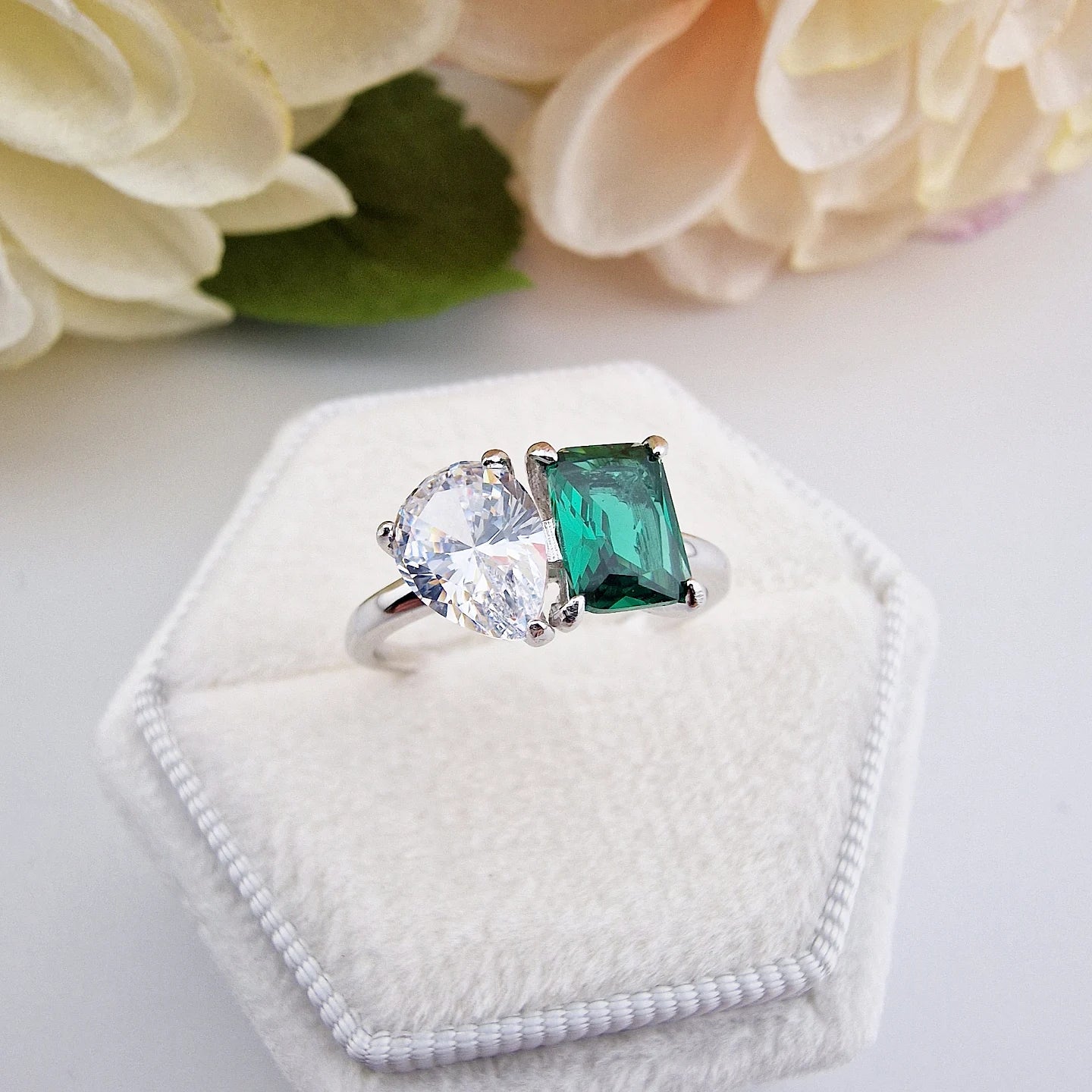 925 Sterling Silver Cz Emerald & Pear Cut Dual Stone Ladies Ring