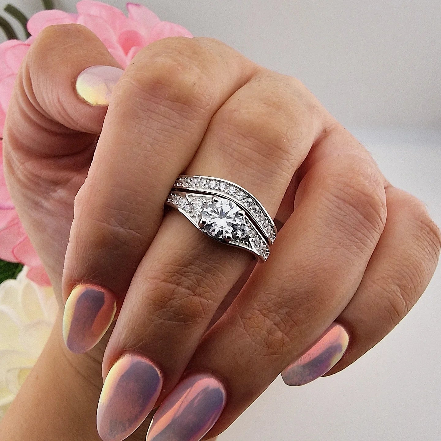 925 Sterling Silver Round Centre Cz With Fancy Channel Set Band Ladies Bridal Ring Set
