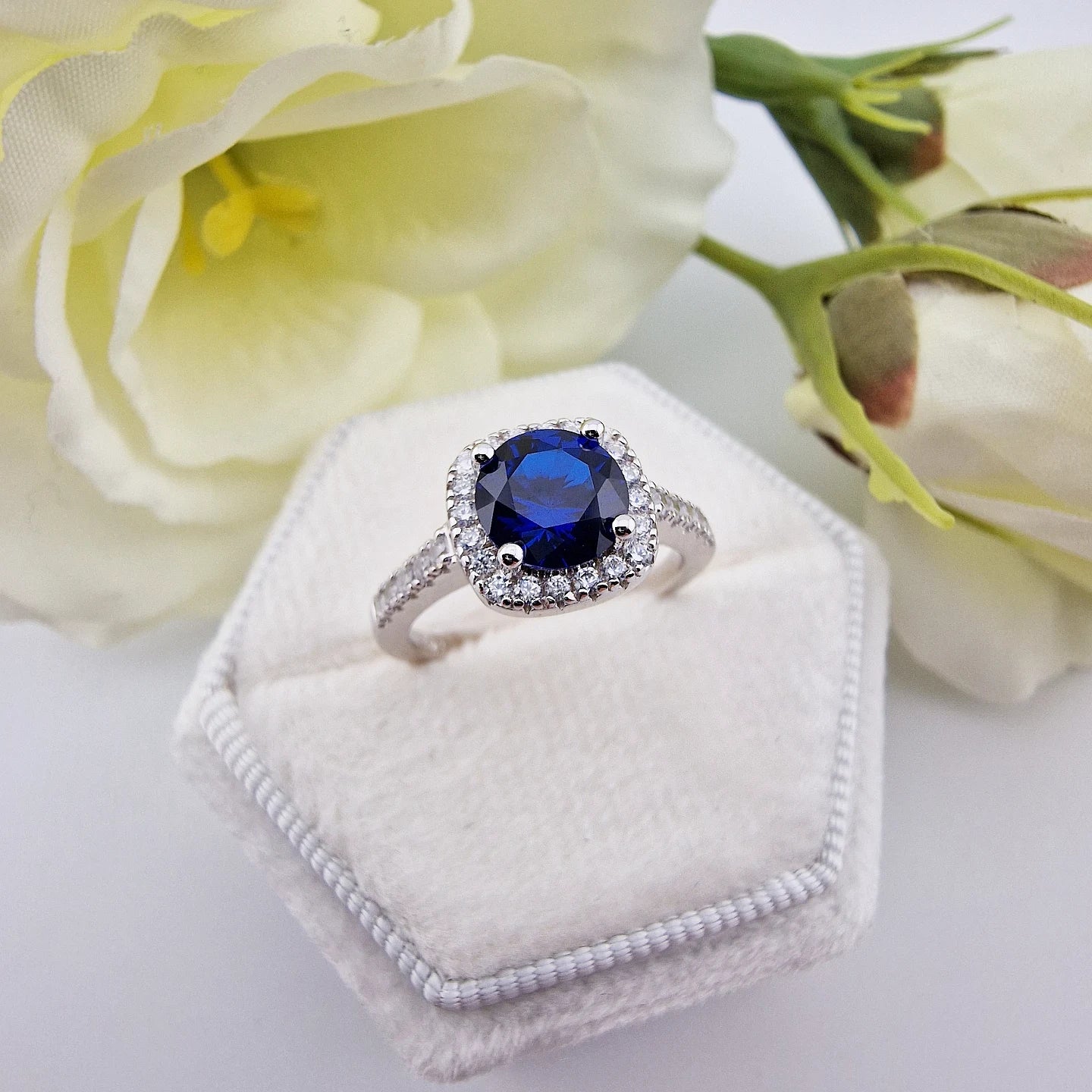 925 Sterling Silver Blue Sapphire Cz Round Centre with Square Halo Ladies Ring