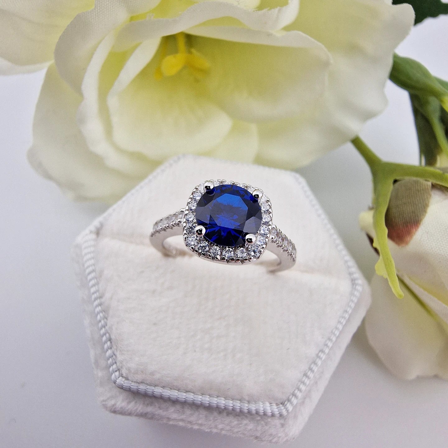 925 Sterling Silver Blue Sapphire Cz Round Centre with Square Halo Ladies Ring