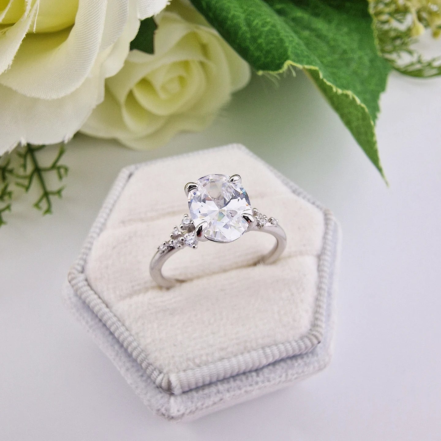 925 Sterling Silver 2ct Oval Cz Solitaire with Side Cz's Ladies Ring