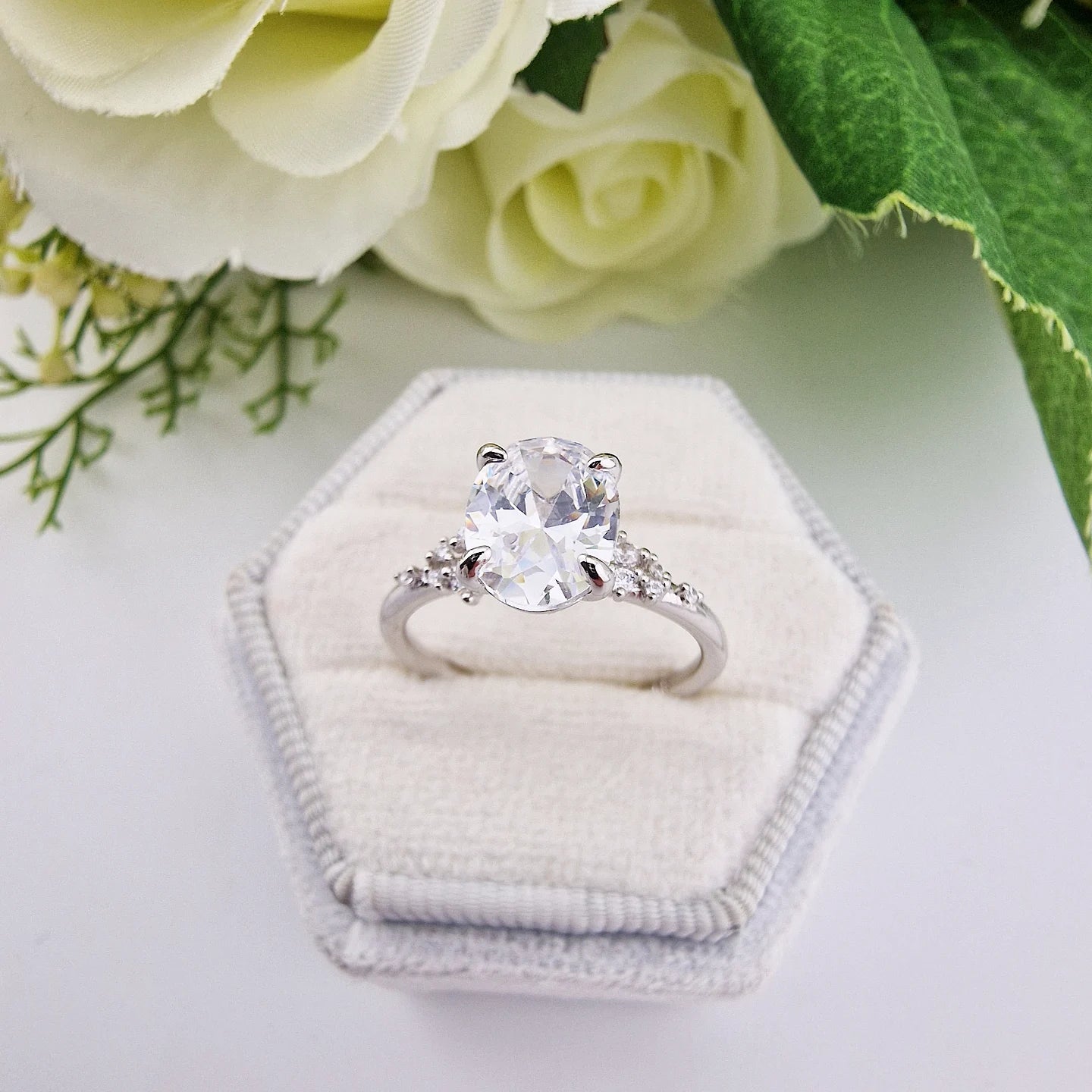 925 Sterling Silver 2ct Oval Cz Solitaire with Side Cz's Ladies Ring