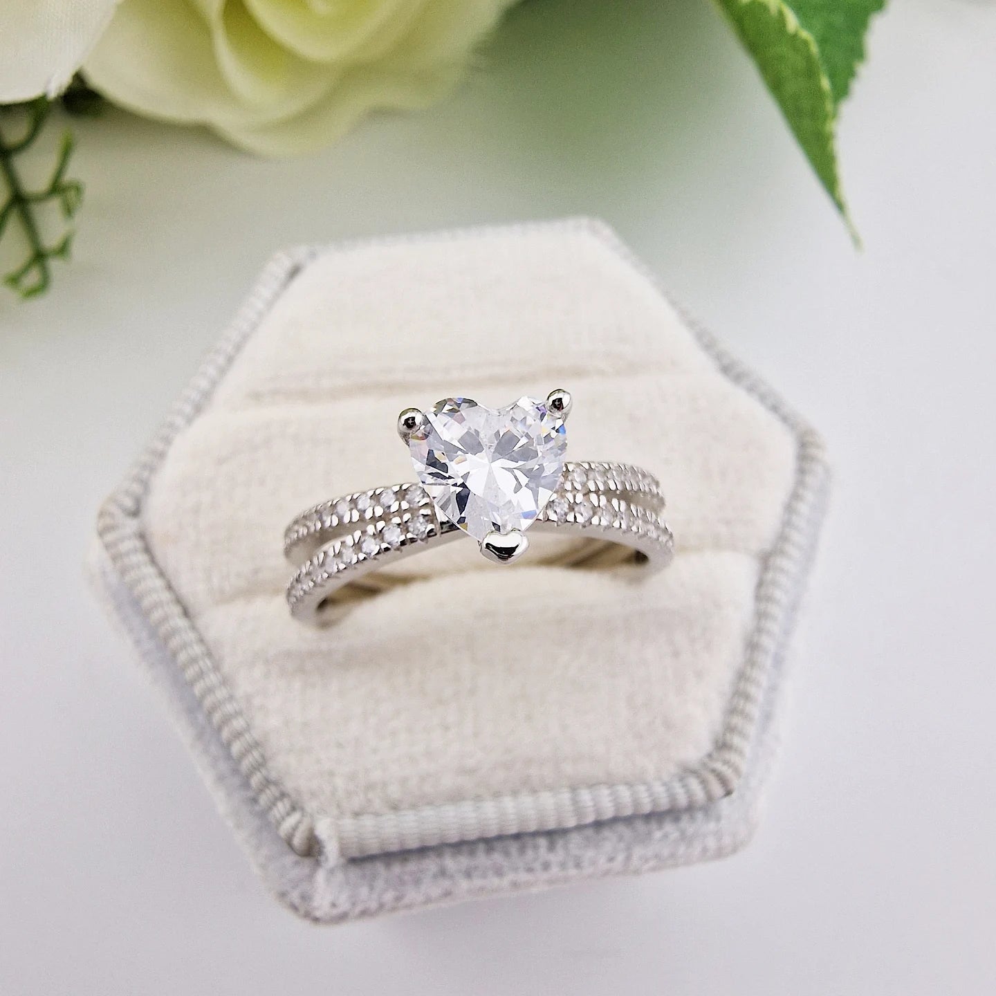925 Sterling Silver 6mm Heart Cz Solitaire with Split Cz Band Ladies Ring