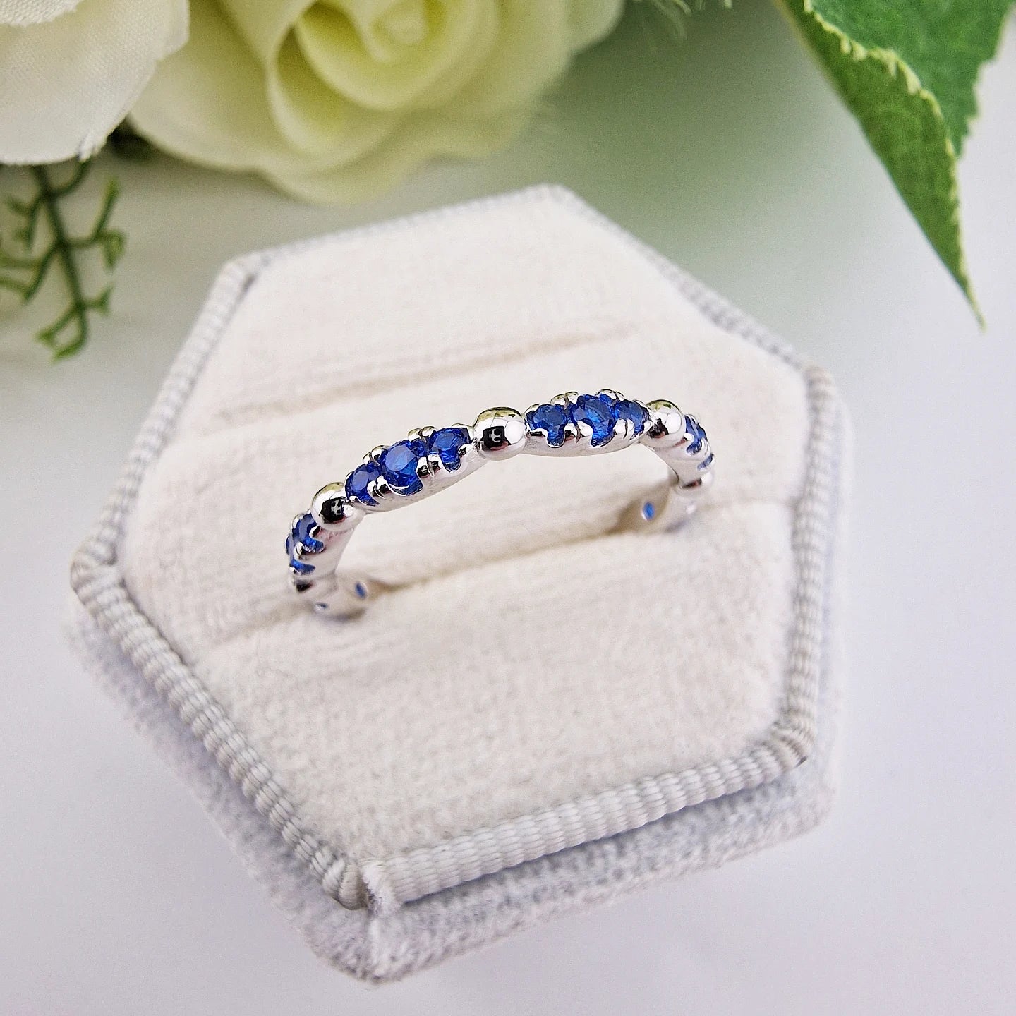 925 Sterling Silver Blue Sapphire Cz Fancy Ladies Full Eternity Ring