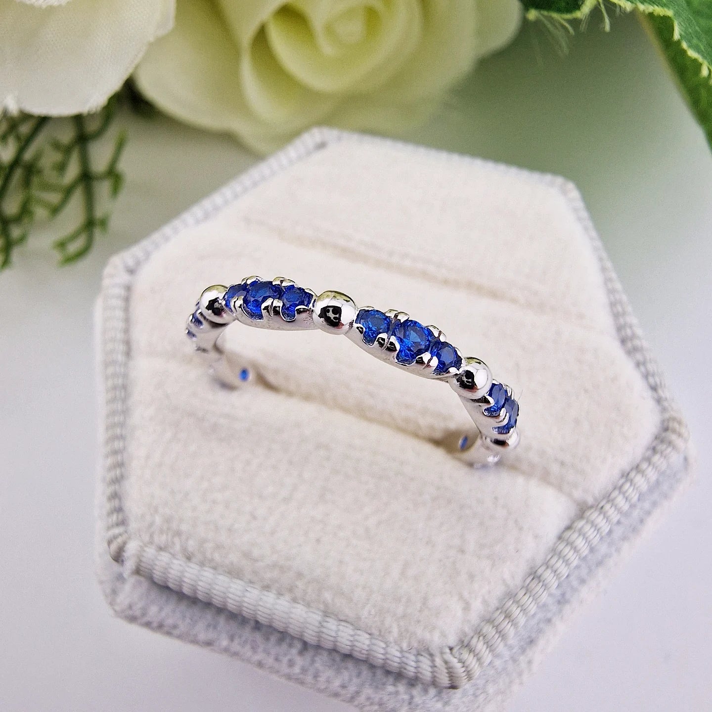 925 Sterling Silver Blue Sapphire Cz Fancy Ladies Full Eternity Ring