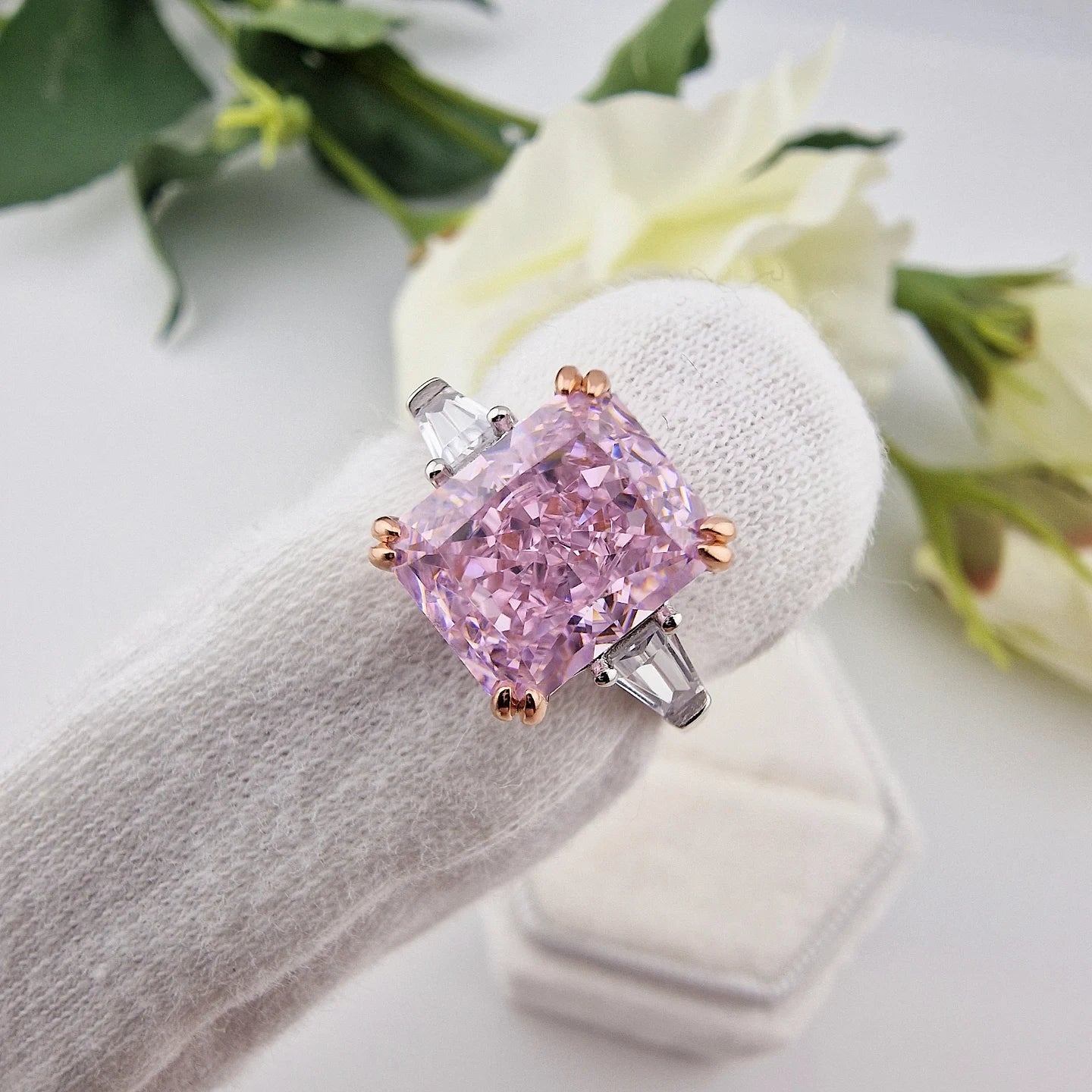925 Sterling Silver Large Emerald Cut Pink Cz Centre with Baguette Sides Ladies Ring