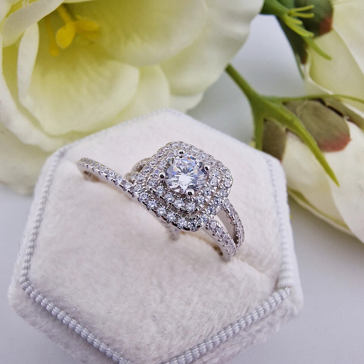 925 Sterling Silver Cz Round Centre Double Halo with Triple Band Ladies Bridal Ring Set