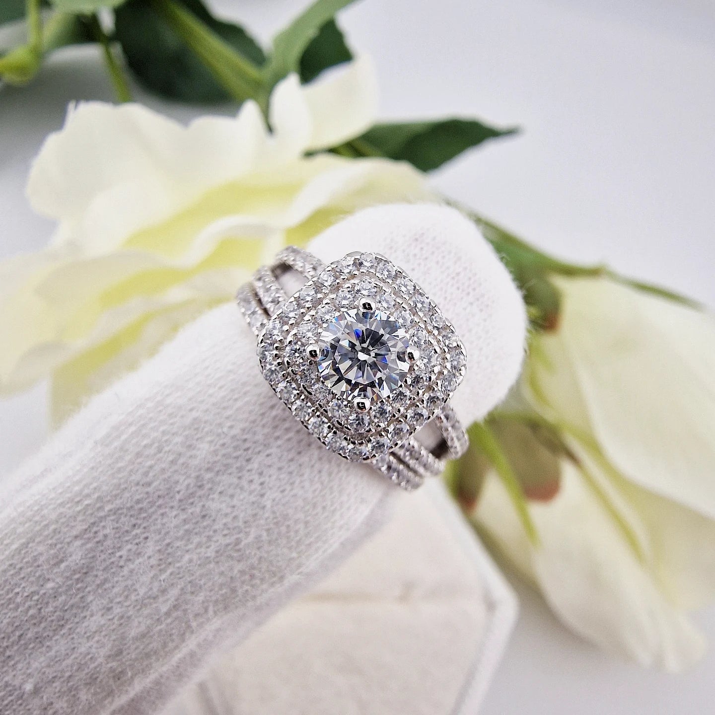 925 Sterling Silver Cz Round Centre Double Halo with Triple Band Ladies Bridal Ring Set