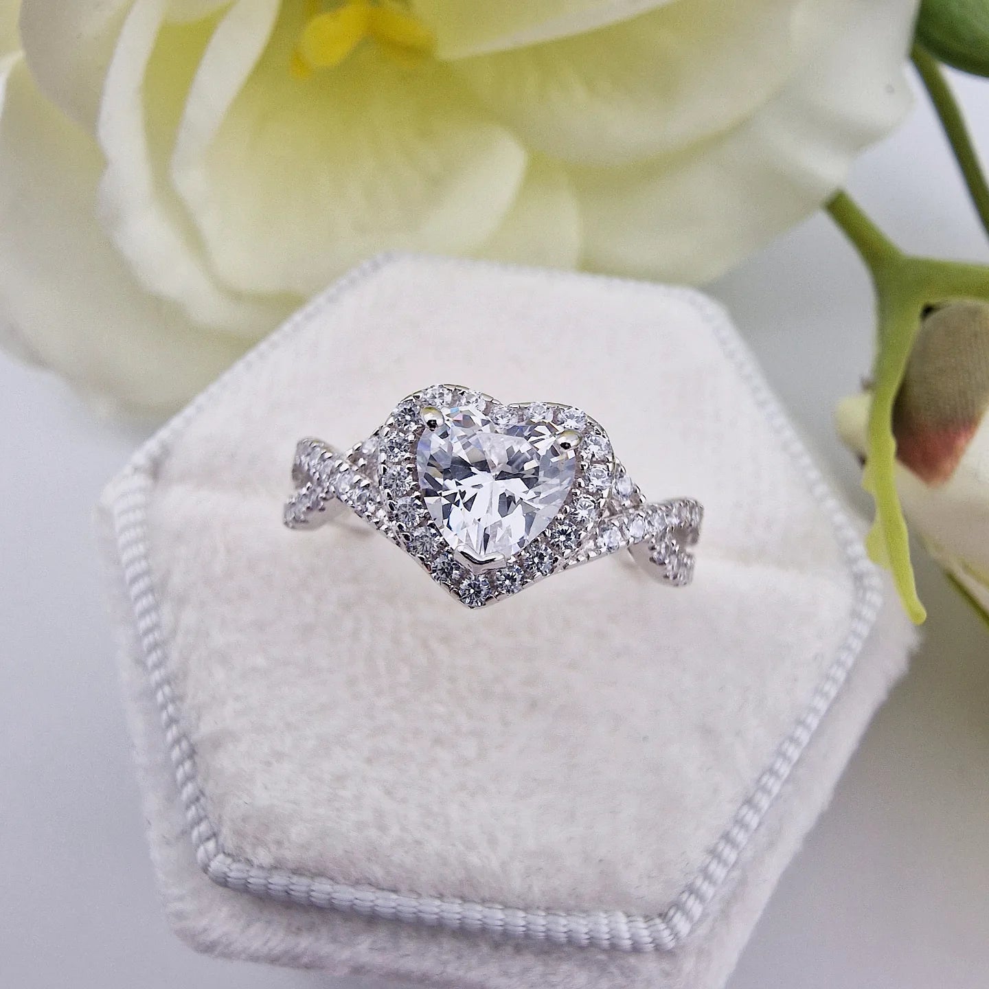 925 Sterling Silver Cz Heart Halo with Infinity Band Ladies Ring