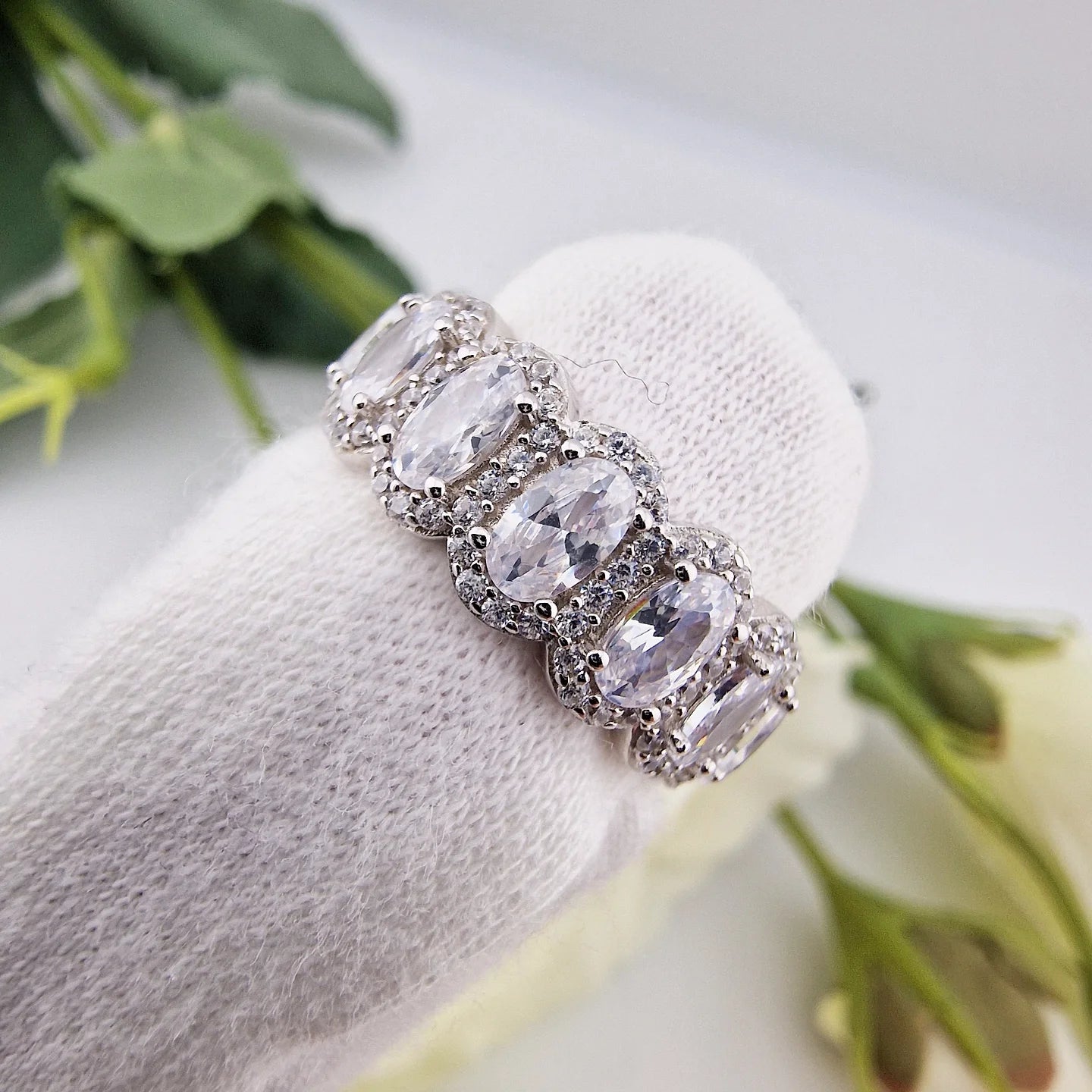 925 Sterling Silver Oval Halo Cz Ladies Full Eternity Ring