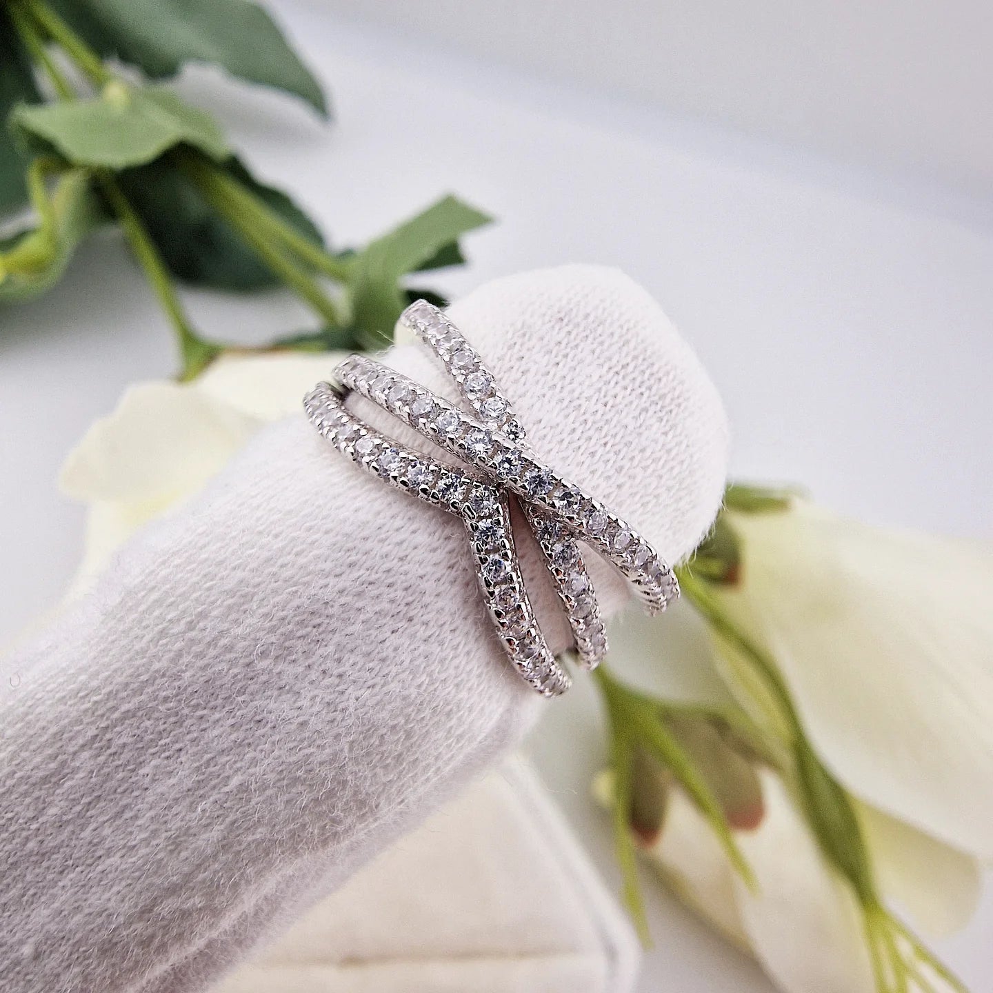 925 Sterling Silver Cz Crossover & Wishbone Ladies Ring Set