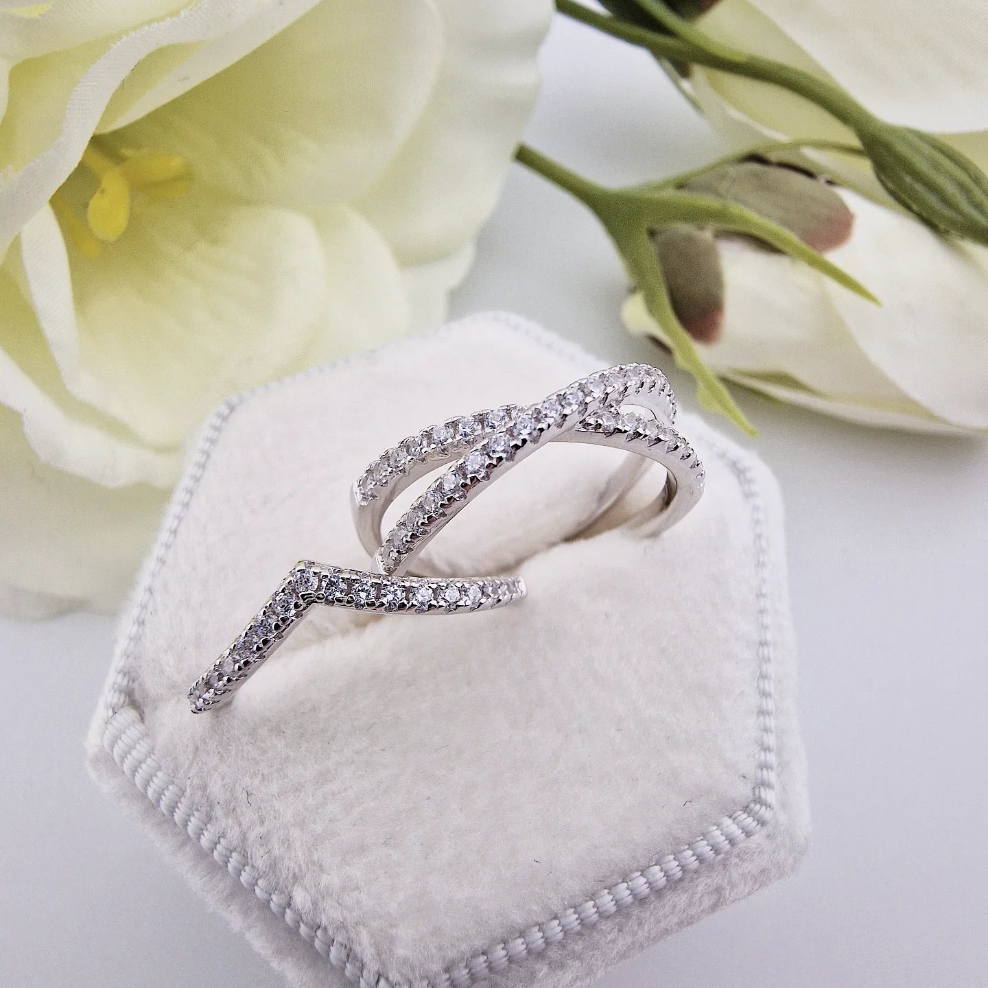 925 Sterling Silver Cz Crossover & Wishbone Ladies Ring Set