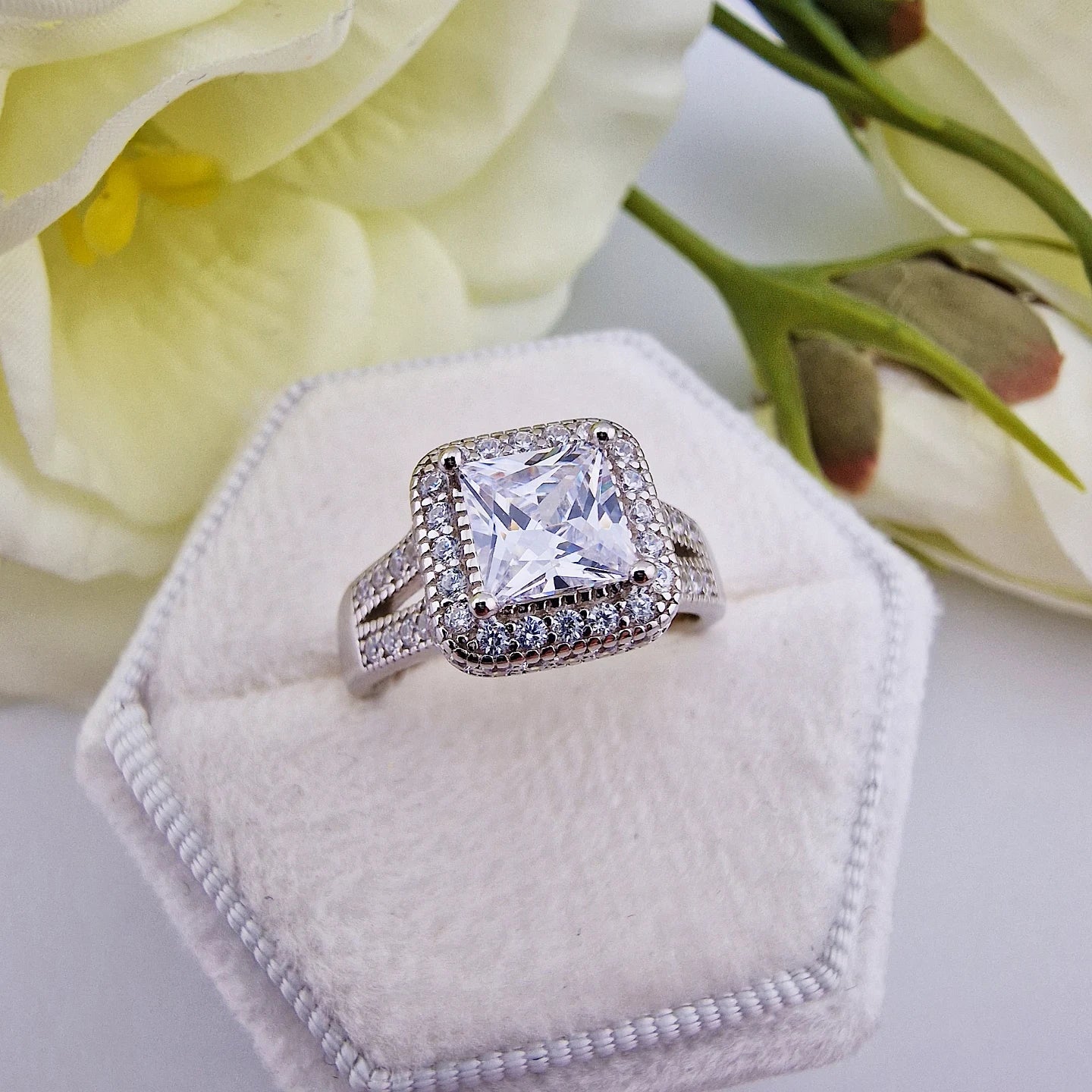 925 Sterling Silver 1.25ct Princess Cut Halo with Split Band Ladies Ring
