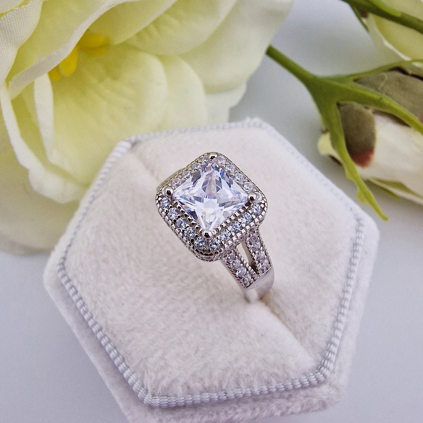 925 Sterling Silver 1.25ct Princess Cut Halo with Split Band Ladies Ring