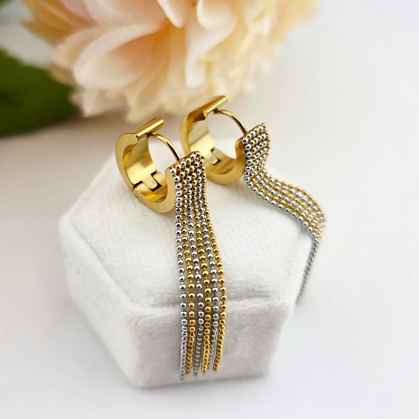 Gold-Tone Stainless Steel – Two-Tone Hoop Earrings with Tassel Drops