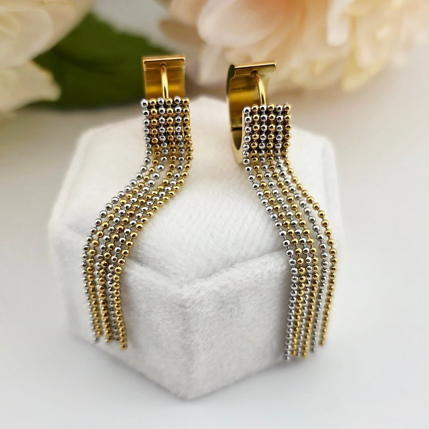 Gold-Tone Stainless Steel – Two-Tone Hoop Earrings with Tassel Drops