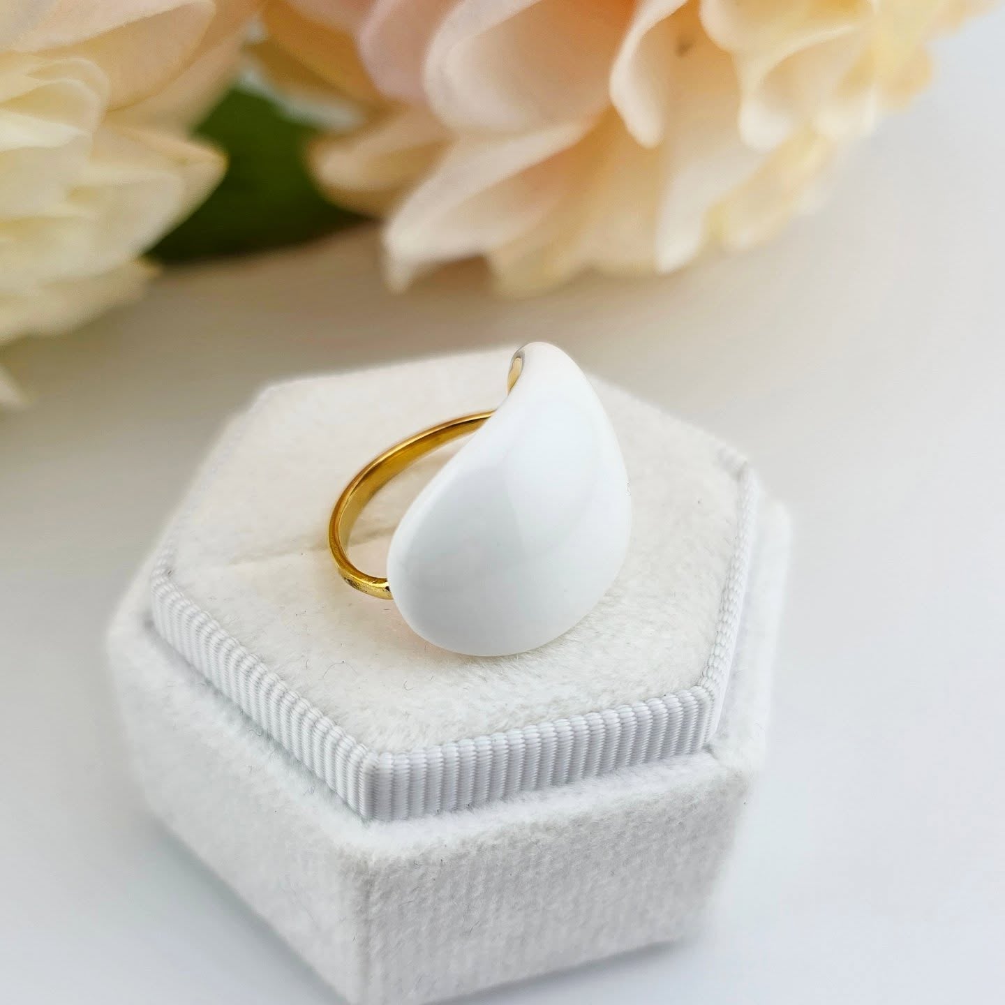 Gold-Tone Stainless Steel – White Enamel Adjustable Ring
