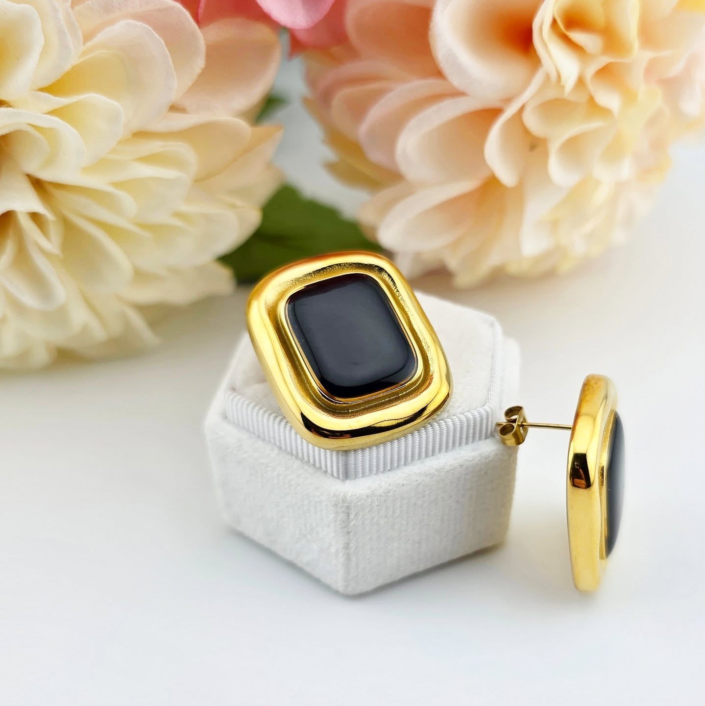 Gold-Tone Stainless Steel – Black Stone Statement Stud Earrings