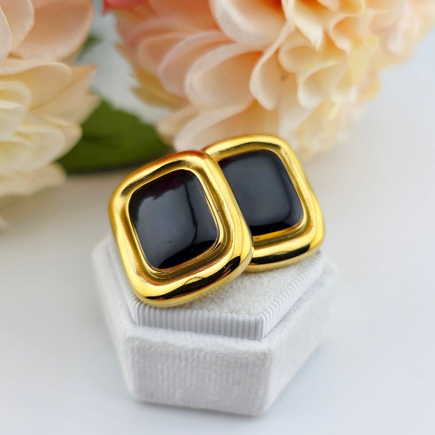 Gold-Tone Stainless Steel – Black Stone Statement Stud Earrings