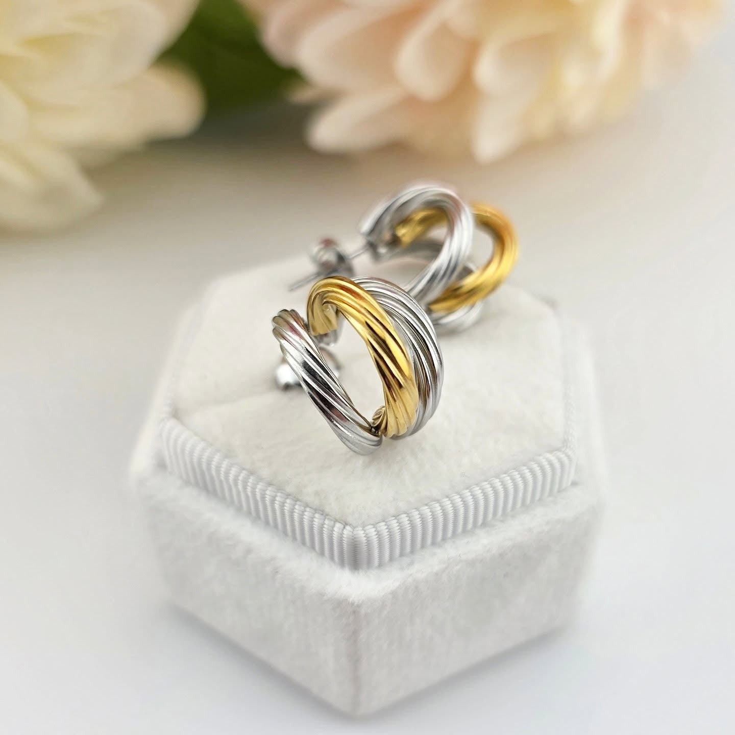 Gold-Tone & Silver Stainless Steel – Layered Triple Hoop Stud Earrings